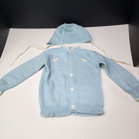 Vintage Blue Bird Baby Infant Knitted Button Cardigan Boys Girls with Cap - Picture 2 of 10